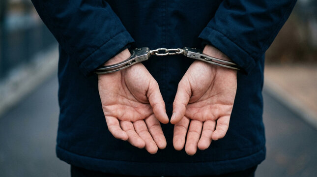 Man's Hands Cuffed Behind Back, Arrested Offender, Criminal Justice Concept