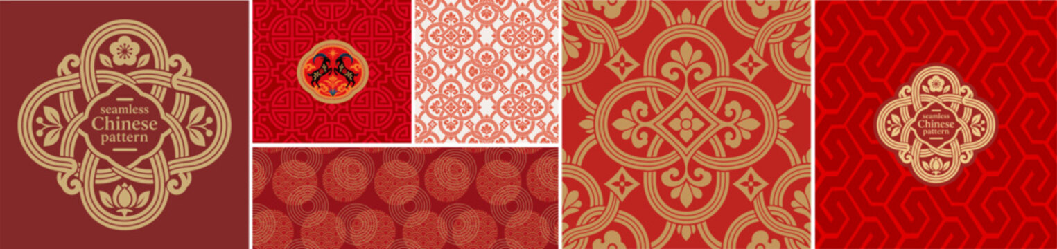 Chinese seamless pattern. Vector abstract illustration of a red and gold ornament; suitable for logo, label, ornamental motif, traditional geometric background, tile, and decorative elements for desig
