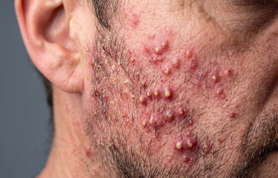 Macro close up of severe folliculitis and purulent cystic acne pustules on male beard skin