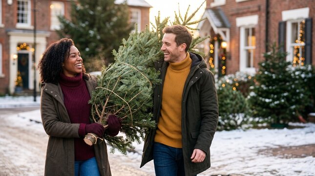 Carrying Christmas tree home, Young couple carrying Christmas tree outdoors in snowy suburban neighborhood  