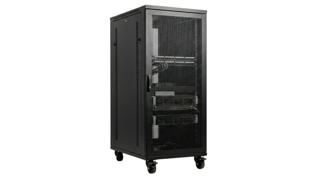 Floor-standing network server rack enclosure with black perforated metal doors and heavy-duty caster wheels. Photorealistic, front 3/4 view, vertical orientation, ultra-high-resolution 8K, on a pure