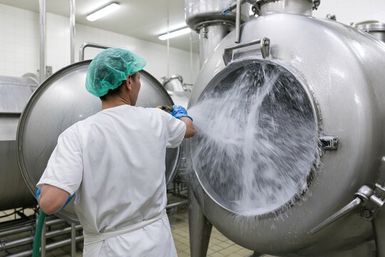 The Stainless Steel Tank in an Industrial Plant Undergoing Intensive Cleaning