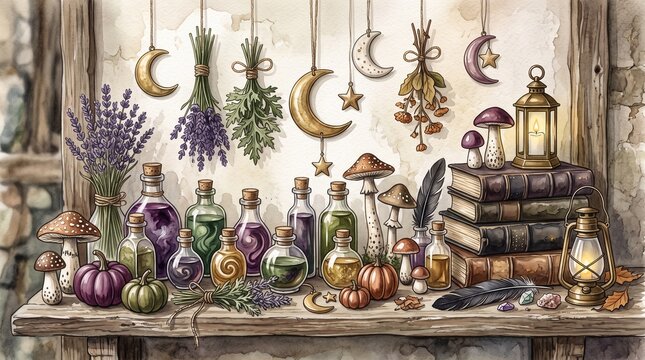 An enchanting watercolor composition featuring an old wooden shelf filled with mystical potion bottles colorful dried herbs crescent moon ornaments and antique books for magic crafts