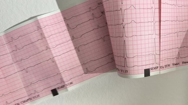 Cardiovascular risk assessment through a paper electrocardiogram analysis in a hospital clinic. Medical graph indicates heartbeat status and potential cardiac arrhythmia or pulse disorders.
