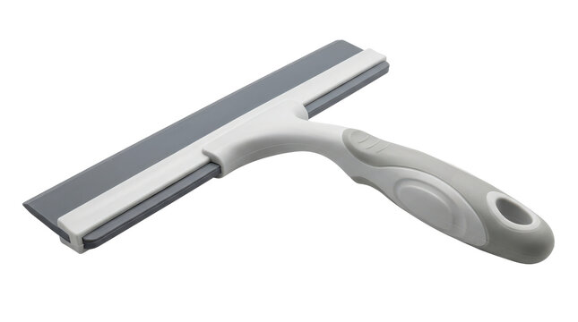 Handheld shower squeegee with a wide rubber blade and a plastic ergonomic handle. Photorealistic, top 3/4 view, horizontal orientation, ultra-high-resolution 8K, on a pure white background (#FFFFFF)