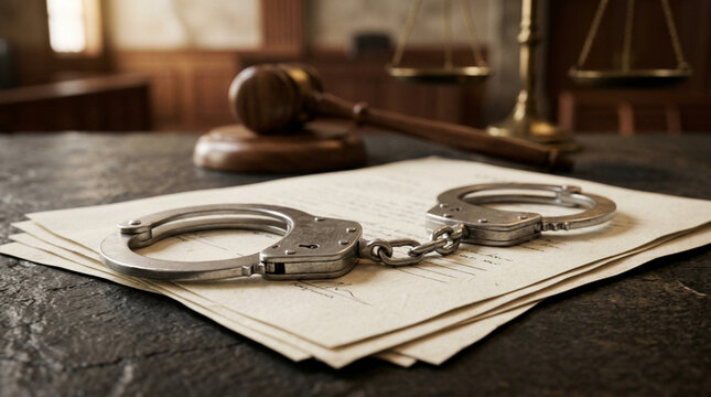 Handcuffs on legal documents in courtroom with gavel and scales of justice