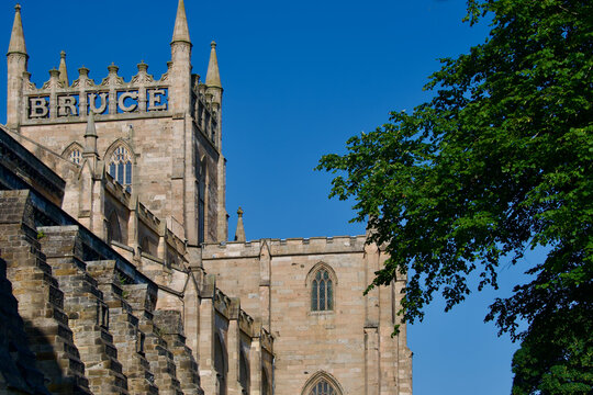 Dunfermline Abbey Church of Scotland parish church with King Robert The Bruce letters around Tower Dunfermline Fife Scotland United Kingdom