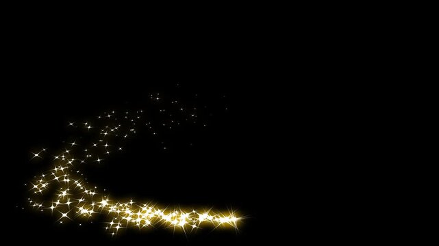 Golden glittering star dust trail sparkling particles on black background, loop animation of a luminous christmas shooting star with a tail of golden particles 4k. animation