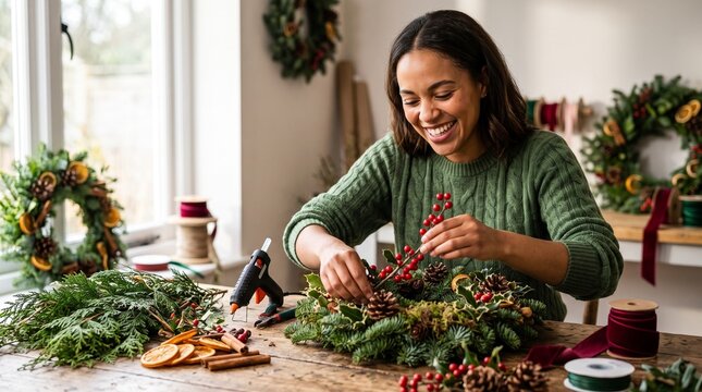 Making a Christmas wreath for door, Young woman making a Christmas wreath at home in a cozy kitchen