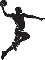 Black and white Silhouette of a basketball player in mid-air, about to dunk the ball, showcasing athleticism and dynamic movement in a clean, graphic style. Illustrator Design icons © NasirHossain