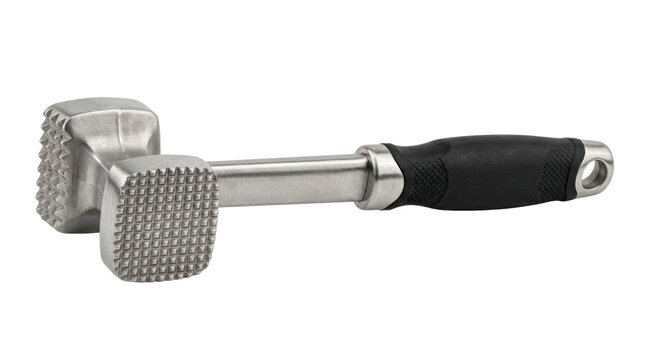 Meat tenderizer with solid metal head, textured pounding faces, ergonomic handle, and sturdy professional kitchen-tool construction. Photorealistic, side 3/4 view, horizontal orientation,