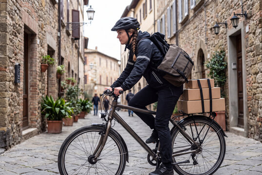 Female Bicycle Courier Riding Commuter Bike Delivering Packages Along Cobblestone Street in European Old Town