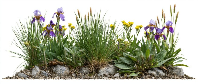 Low strip of wild meadow plants with irises and grasses growing from rocky soil on white background