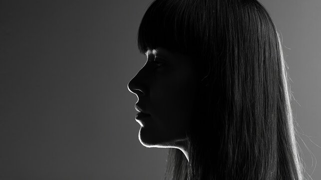 Young woman in profile with rim lighting against dark background