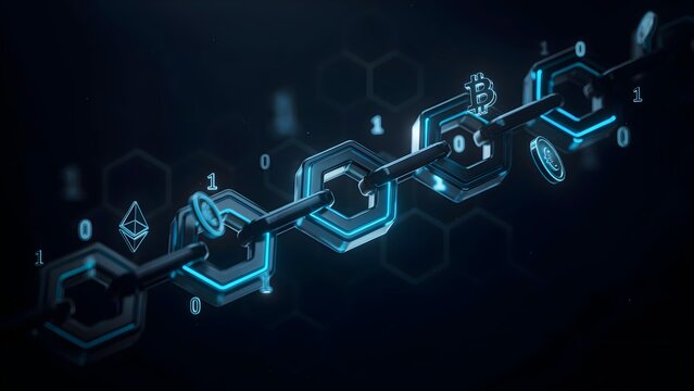 3D render of digital chain links connected in space with binary code and cryptocurrency icons