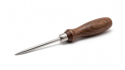 Fototapeta premium Vintage ice pick tool with sharp steel spike and wooden handle isolated on white background