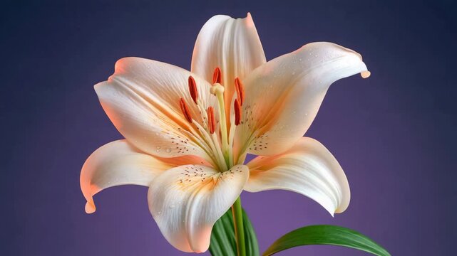 White Lily Petals with Droplets on Violet Background