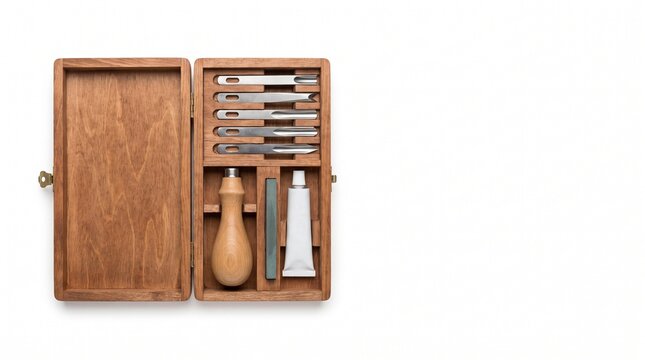 Linocut tool kit in wooden box with carving gouges, handle, and ink tube on white background