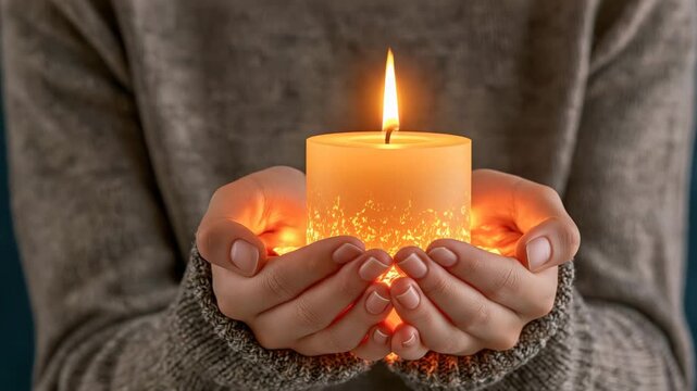 Hands Holding Small Glowing White Candle in Darkness