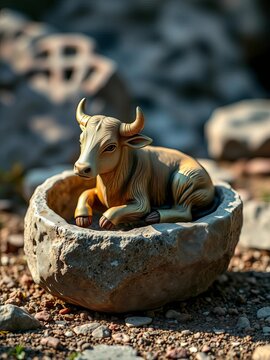 Small stone cradle with ox figurine resting in it, natural, ||stone