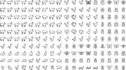 Fototapeta premium Farm Animal and Insect Doodle Icon Set with Cow Sheep Chicken Duck Rabbit and Butterfly Line Art Vector Collection