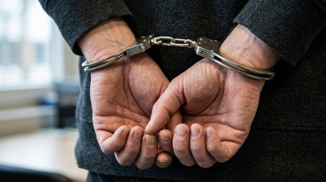 Suspect in Handcuffs, Arrested Man with Hands Behind Back, Crime Justice