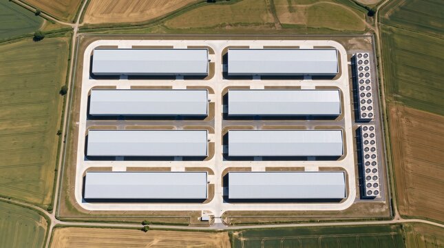 Tech Facility Bird's Eye View Over Patchwork Farmland At Midday