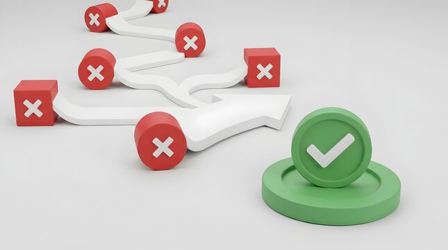 Abstract 3D flowchart with red X marks representing errors and a green checkmark indicating success on a white background