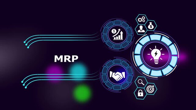 Requirements planning mrp digital interface concept featuring animated business financial growth charts, strategic partnership handshake, and innovative idea lightbulb for corporate management