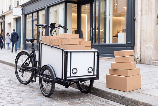 Electric Cargo Trike Loaded with Packages Parked on City Street for Urban Last-Mile Delivery