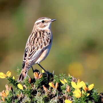 Small passerine bird Whinchat sitting on spiky gorse plant with bright yellow flowers in spring