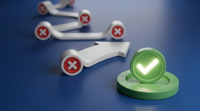 Decision making concept with multiple X marks leading to a single glowing checkmark success symbol on a blue background