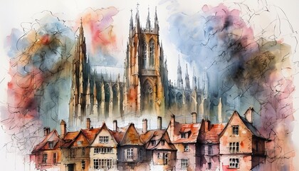 Fototapeta premium Stunning Watercolor Painting of a Historic European Cathedral