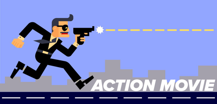 Action Movie Spy Shooting While Running &ndash; Cinematic Thriller and Crime Concept Vector Illustration