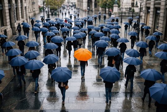 High angle overhead view of a bright orange umbrella among dark navy umbrellas on a wet street for brand differentiation and individuality marketing campaigns.