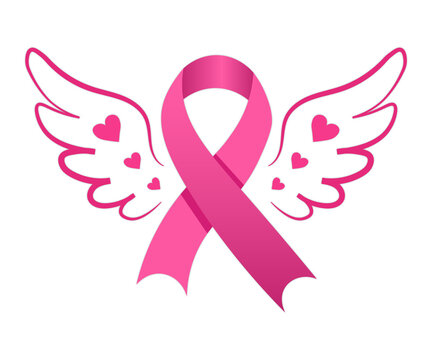 Title:
Breast Cancer Awareness PNG Graphic Featuring Pink Ribbon and Angel Wings with Heart Accents on Transparent Background