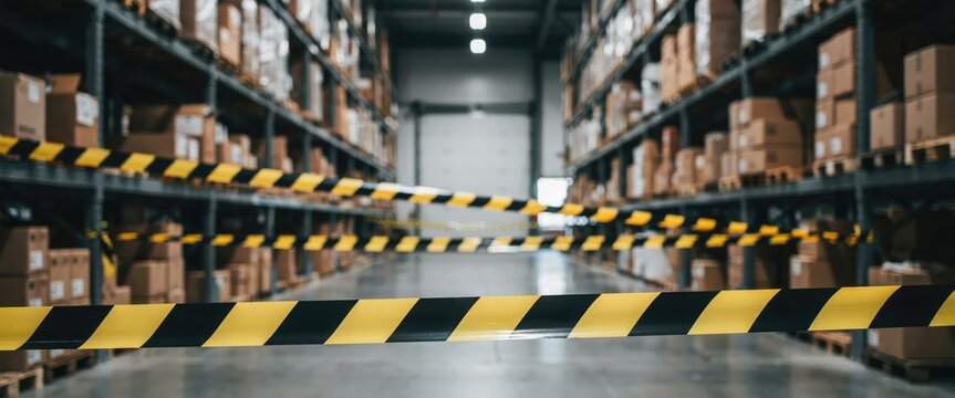 Warehouse aisle with yellow and black caution tape barrier