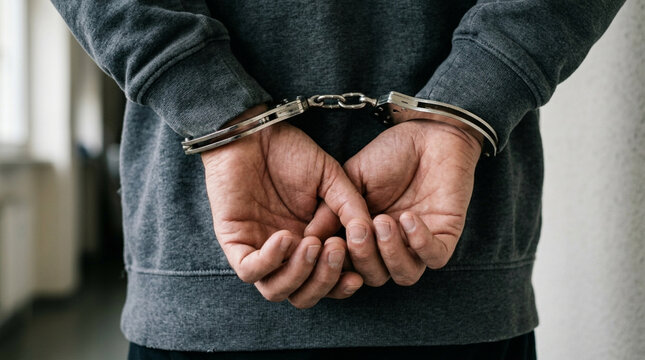 Suspect Handcuffed Behind Back, Arrested and Detained, Crime and Justice Concept