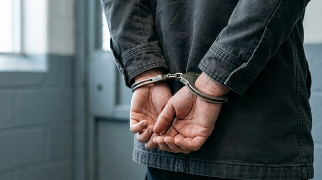 Man's hands cuffed behind back, crime arrest, justice concept, prison cell