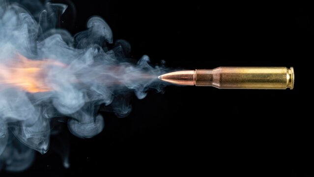 Rifle bullet in flight with muzzle flash and smoke trails, black background