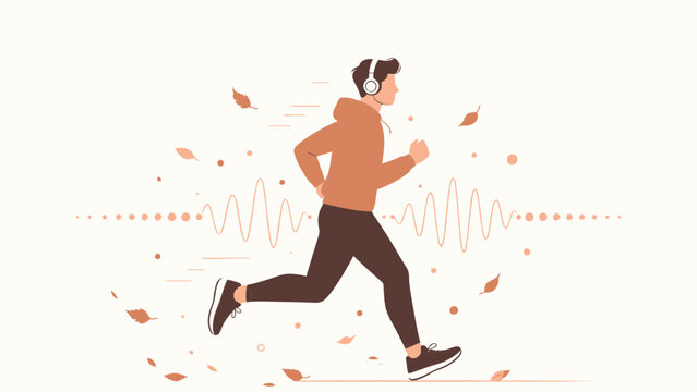Energetic runner with headphones and autumn leaves in minimalist illustration style.