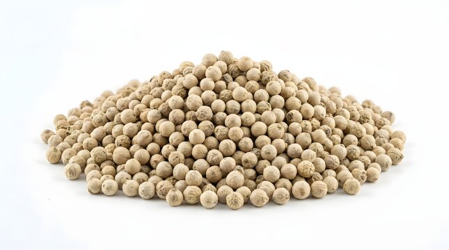 Premium pile of organic white peppercorns or merica putih, a staple Indonesian spice and aromatic condiment, isolated on white background for culinary ingredients and seasoning concepts.