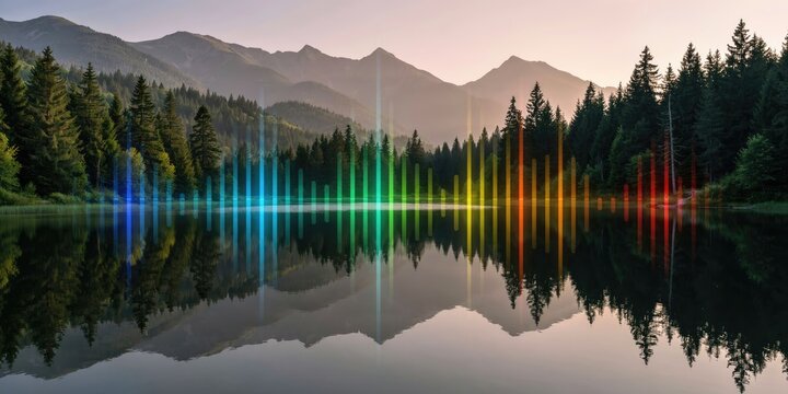 Rainbow spectrum audio waveform over a calm mountain lake and forest