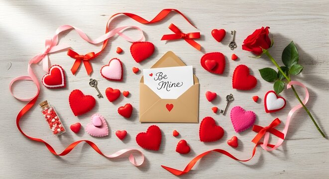 Romantic be mine love letter in craft paper envelope surrounded by red hearts and rose on white wooden table with ribbons and keys for valentine day surprise and marriage proposal announcement card