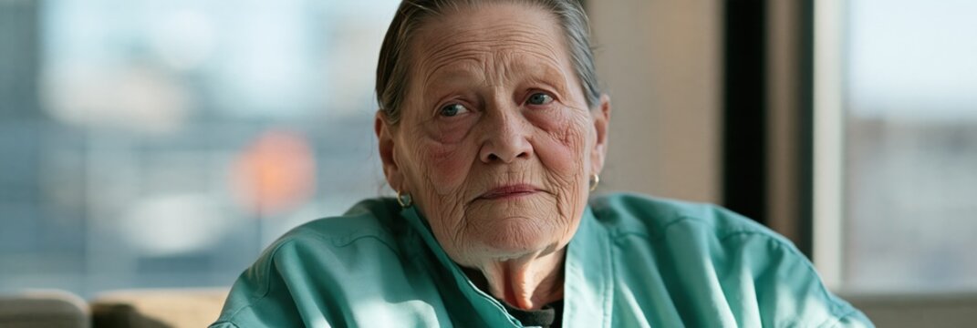 Closeup elderly woman sitting by window with gentle expression for senior care portrait and compassionate background design