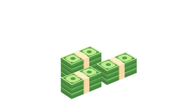 Animated stacks of paper money grow upward on a clean white background, representing financial growth, savings, wealth, investment, banking, income and business success.