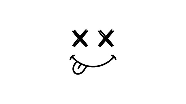 Hand drawn black emoticon face with crossed eyes and tongue sticking out on white isolated background