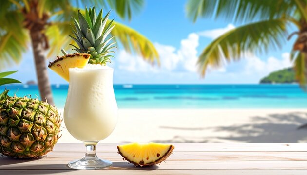 Refreshing pineapple coconut cocktail served in a glass on a wooden table with tropical beach scenery and palm trees in the background vacation.