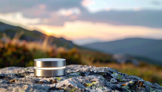 Modern smart device with glowing ring placed on a rugged mountain rock during a beautiful sunset landscape for technology and wellness concept.