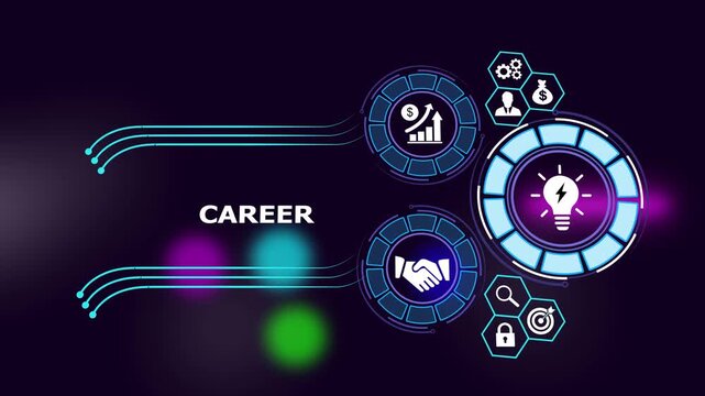 Career development and corporate growth strategy motion featuring digital infographic financial success business partnership symbols, and innovative lightbulb concepts